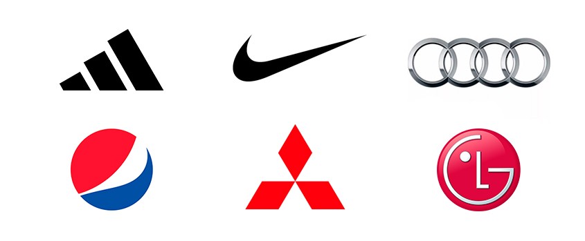 Símbolos das marcas Adidas, Nike, Audi, Pepsi, Mitsubish e LG